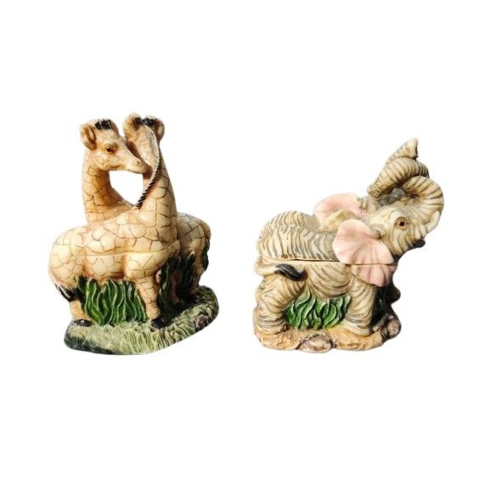 Lot of 2 Vintage Giraffe and Elephants Resin "TAI" Miniture Trinket Box 070424